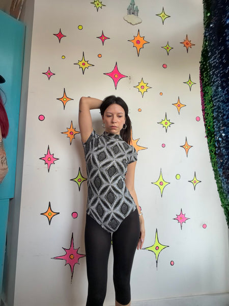 Black & Silver Glam Bodysuit Y2K McBling Party Clubwear Stretch Bodysuit S