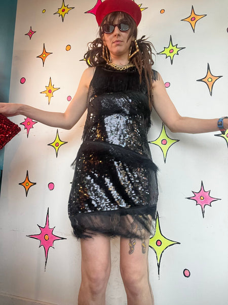 Black Sequin Fringe Flapper Dress 1920s Gatsby Party Dress Speakeasy Mini ML