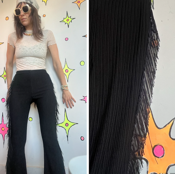 Black Fringe Flare Pants | Western Goth Festival Bell Bottom Leggings XS