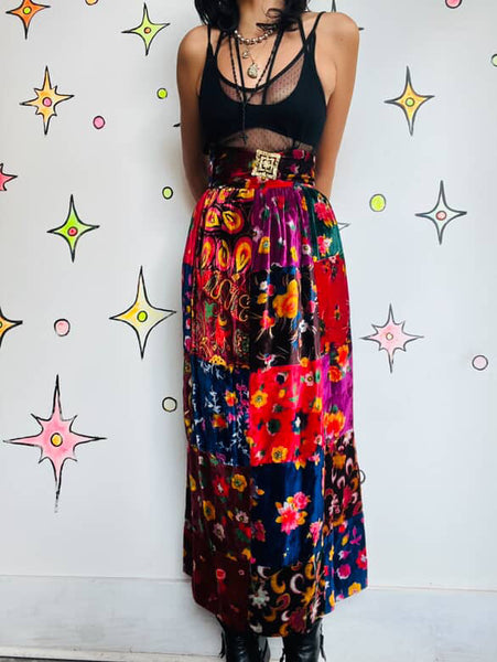 Vintage 60s 70s Boho Velvet Patchwork Maxi Skirt w Belt - Oscar de la Renta – XS