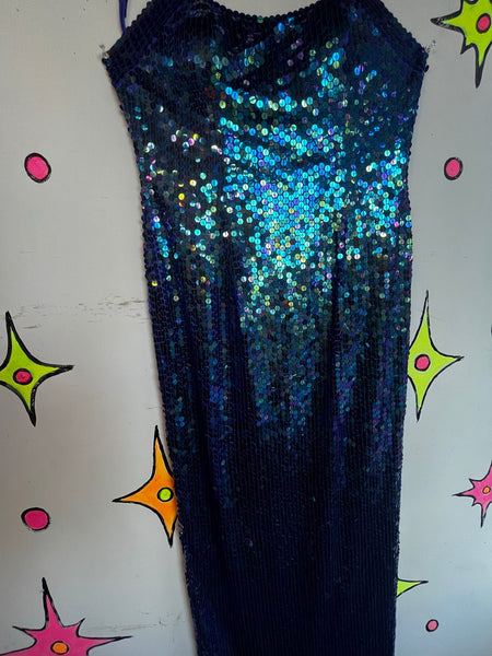 80s 90s Sparkling Blue Mermaid Gown Evening Dress Formal Prom Party Dress | ML