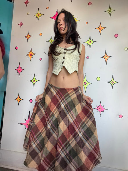 Vintage 70s Plaid Pleated Midi Skirt Wool Tartan Schoolgirl Preppy Academia SM