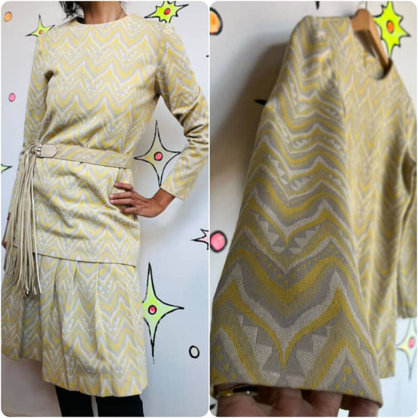 Vintage Groovy 60s 70s Nautical Sailor Art Print 2 Piece Mod Mini Dress Set S M