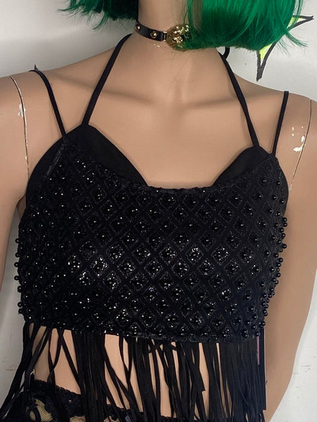 Black Beaded Cropped Bralette Bustier Top Sparkly Layering Piece Goth Glam S