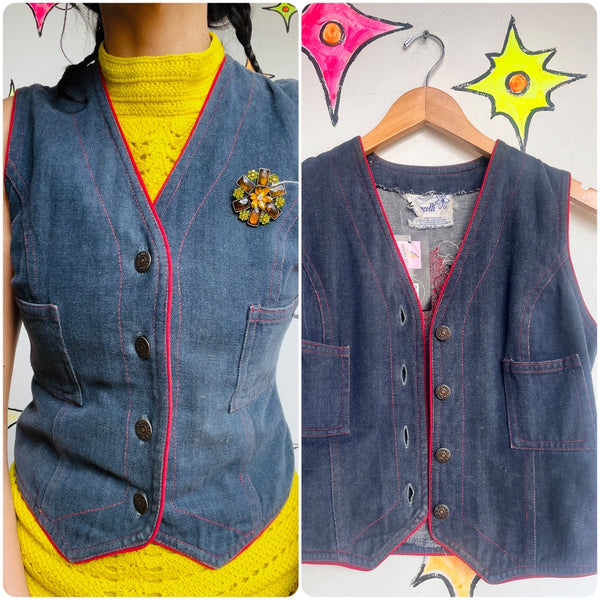 Vintage 60s 70s | Vintage Cropped Western Boho Fittled Beaded Denim Vest | S