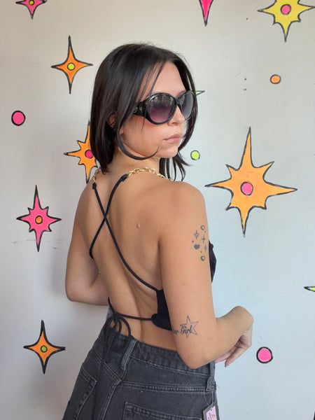 Archival Y2K Zara Black Indie Sleaze Party Halter Top w/ Gold Chain Straps XS