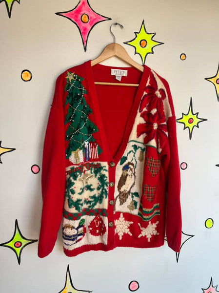 Vintage Red Christmas Sweater Tree Presents & Owl Ugly Xmas Party Sweater – M