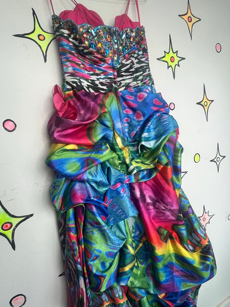Y2K Bejeweled Peacock Prom Dress Maximalist Rainbow Hi-Low Glam Gown S