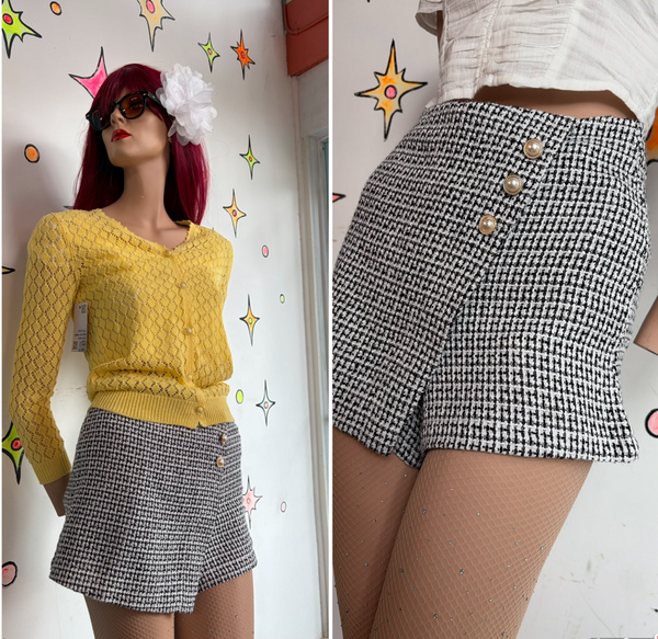Y2K Preppy Glam Tweed Black & White Skort Bouclé Mini Chanel Style S