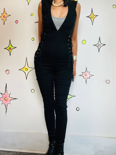 Y2K Black Lace-Up Stretch Catsuit - Fairy Goth Catwoman Layering Piece - S/M
