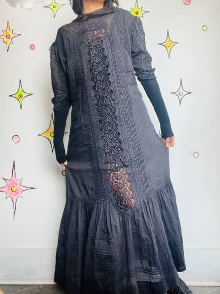 Antique Cotton Lingerie Dress - Late 1900s – Early 1910s Black Lace Goth