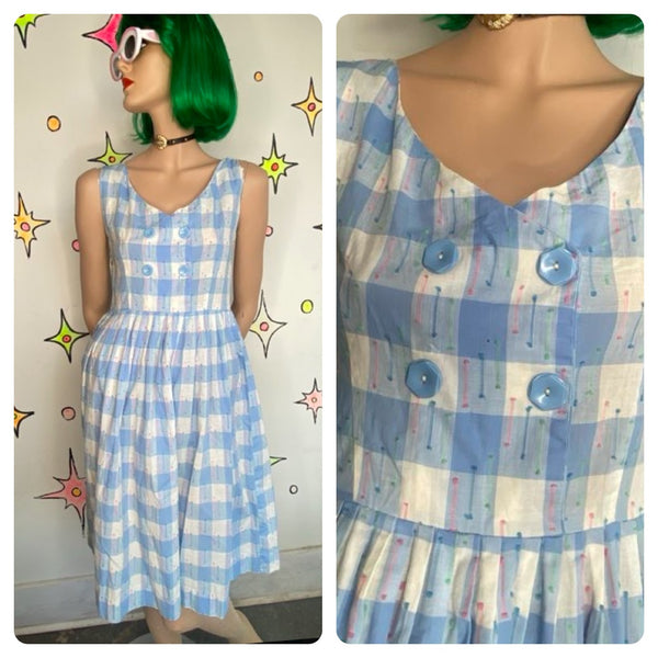 Vintage 50s Pastel Blue Fit & Flare Dress Cotton Twirl Dress Mid Century Pinup SM