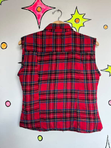 Vintage 90s Y2K Red Plaid Zip Up Flannel Utility Vest | Grunge Layering Top S