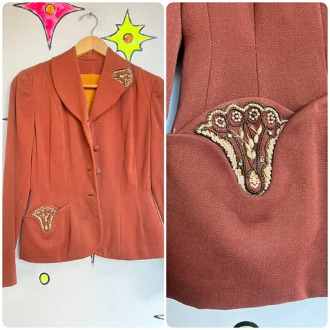 Vintage 1940s Earth Tones Embellished Beaded Blazer Vintage Juniors XS