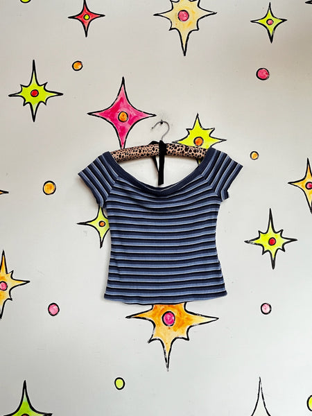Vintage 90s Y2K Blue Striped Ribbed Crop Top Tee - Fairy Grunge Indie - M