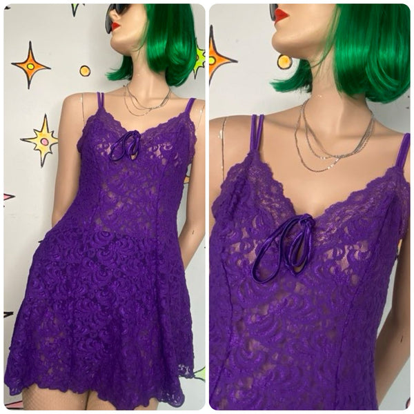 90s Vintage Purple Lace Slip Dress Delicates Gothic Romantic Mini - M