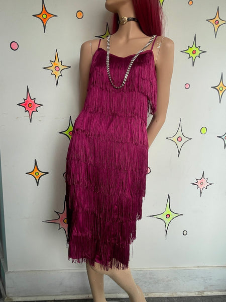 Raspberry Red Fringe Flapper Dress 20s Roaring Flapper or 60s Go-Go Mini M