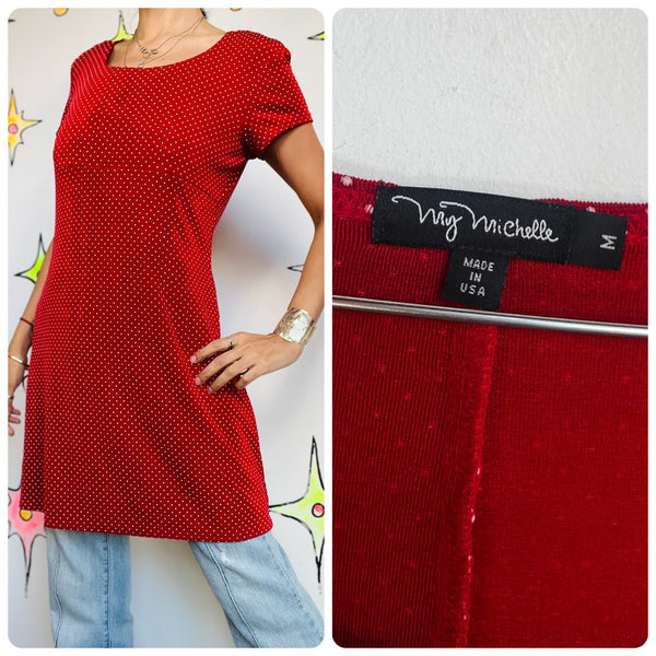 Vintage 90s Fairy Grunge Red & White Polka Dot Mini Dress – Stretchy | Size M