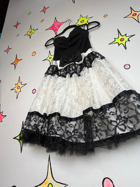 80s Gunne Sax Black & White Lace Lolita Crinoline Prom Party Cupcake Dress - XS