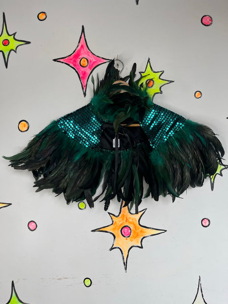 Y2K Metallic Emerald Feather Cape Glam Costume Statement Piece