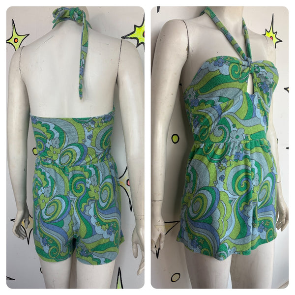 Retro Y2K Psychedelic 60s 70s Style MOD Groovy Blue Green Terry Cloth Romper XS