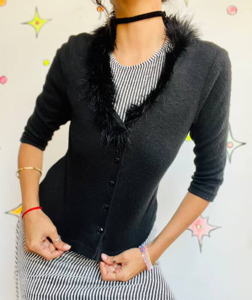 Vintage 90s Black Fuzzy Cardigan with Feather Trim Collar - Grunge Goth Glam - S