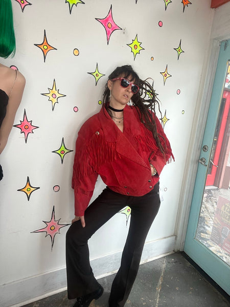 Vintage Red Suede Jacket 80s Cropped Fringe Leather Western Grunge L XL