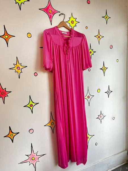 Vintage 60s 70s Babydoll Grunge Pink Nylon Nighty Robe w Bow