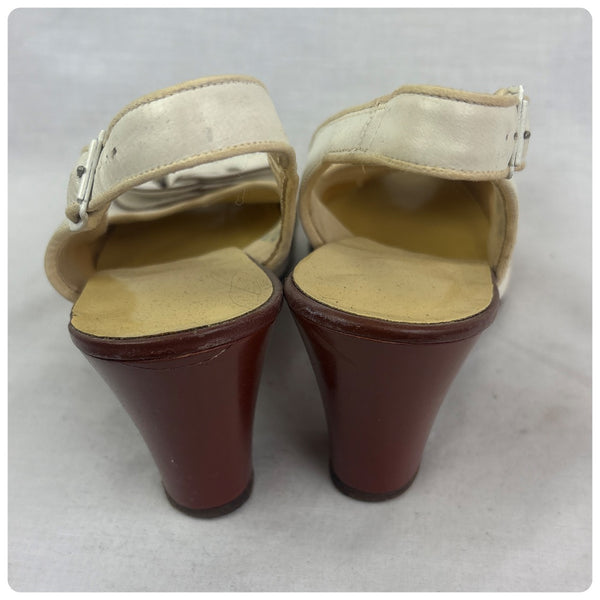 Vintage 1940s White Leather Peep Toe Slingback Heels – Pin-Up Cha Cha Style – 6