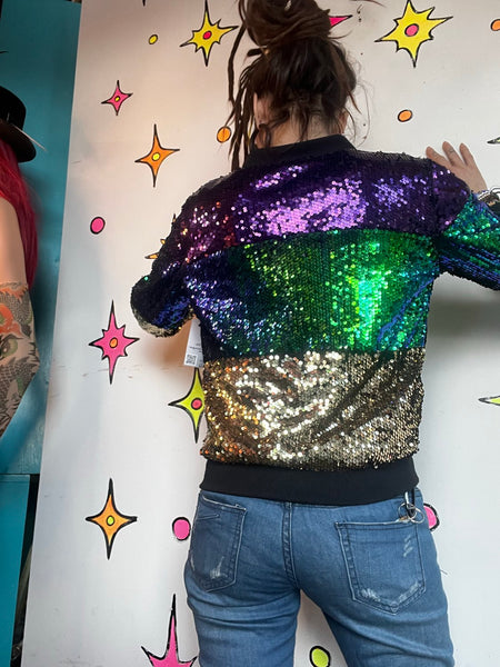 Vintage Sequin Bomber Jacket | Retro Mardi Gras Party Glam Maximalist M
