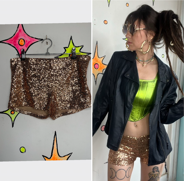 Y2K Gold Sequin Disco Party Glam Party Hot Pants Shorts - S