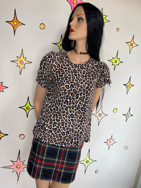 Y2K Leopard Puff Sleeve Tee Grunge Glam Rocker Grunge Top - Small