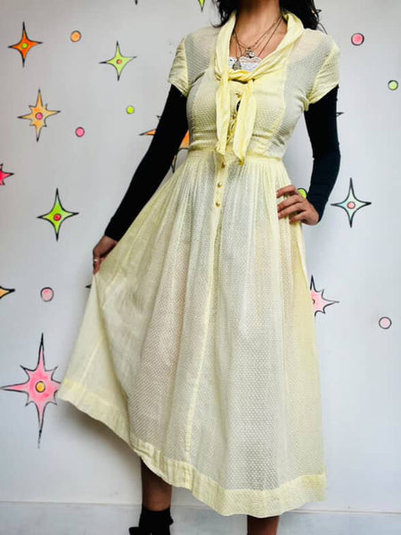 Vintage 1950s Pastel Yellow Fit & Flare Day Dress - Semi-Sheer - Size Small
