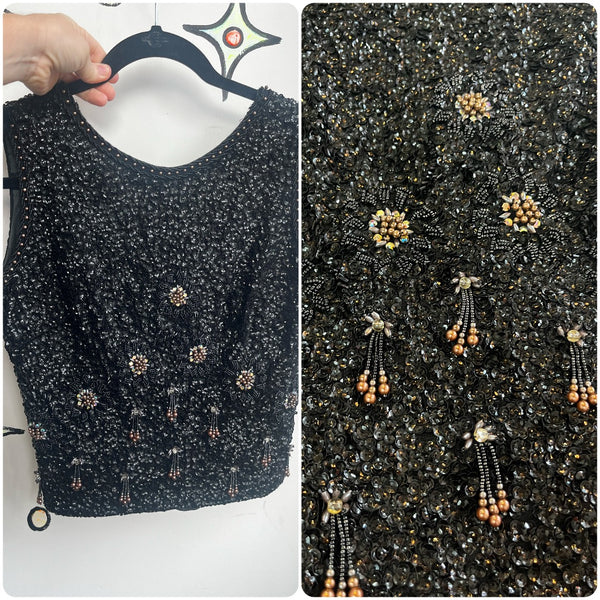 Vintage 50s 60s | Heavily Beaded Sequin Flapper Blouse Wool Black Top | M