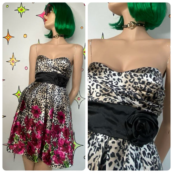 Y2K Leopard Print Strapless Mini Pink Floral Party Dress Fairy Grunge XS