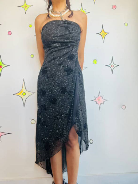 90s Y2K Black Glitter Strapless Fairy Goth Dress - Asymetric Hem Slip - Small