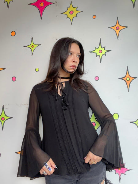Vintage Black Bell Sleeve Top Goth Witchy Boho 90s Y2K Romantic Glam S/M