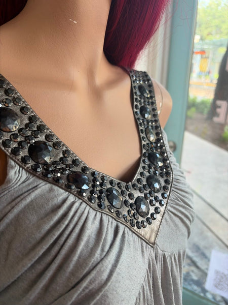 Y2K Silver Embellished Tank Top | McBling Fairy Grunge Glam Stretch Cami M