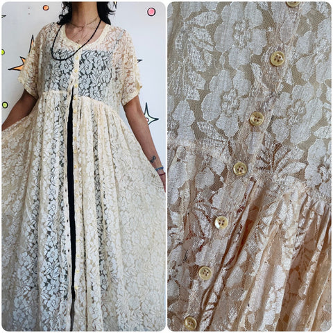 Vintage 90s | Ivory Victorian Revival Lace Sheer Babydoll Grunge Gown Dress | S