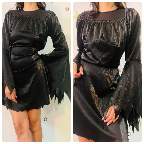 Vintage Black Romantic Goth Mini Dress – Bell Sleeves Witchy Dress – Cosplay - M