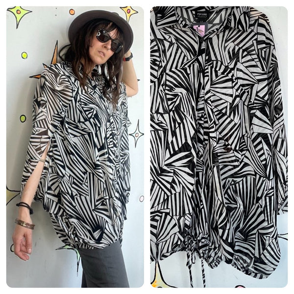 Nicole Miller Sheer Op Art Blouse Avant Garde Black White Statement Top Y2K L