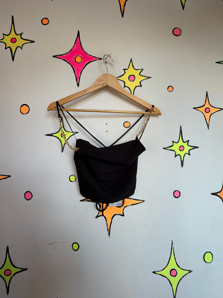Archival Y2K Zara Black Indie Sleaze Party Halter Top w/ Gold Chain Straps XS