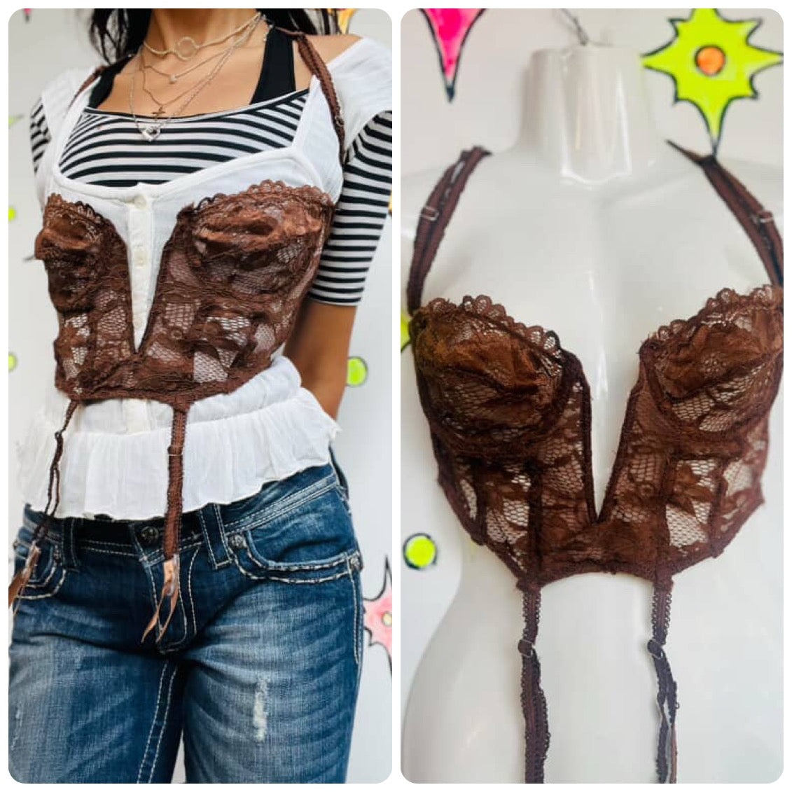 Vintage Y2K Chocolate Lace Cropped Cami | Babydoll Bustier Fairy Grunge Top | S