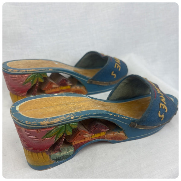Vintage 1940s Hand Carved Painted Wooden Platform Heels Philippines Folk Art - 6