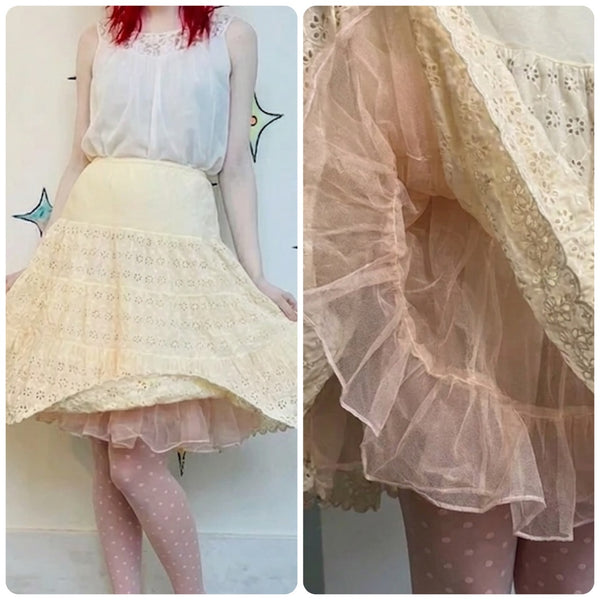 Vintage White Pink Crinoline Ruffles Layered Lace Coquette Babydoll Petticoat SM
