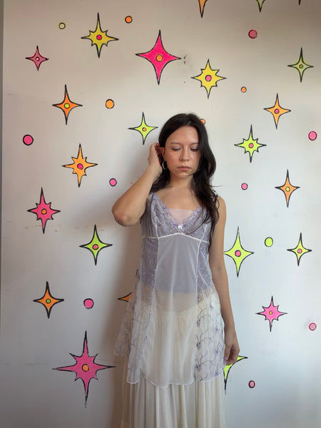 90s Y2K Fairy Grunge White Sheer Slip w/ Purple Embroidery | S/M