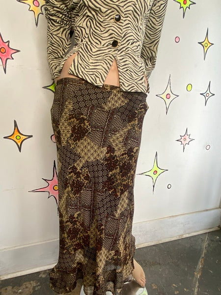 Vintage 90s Earth Tone Scarf Print Midi Skirt Floral Ruffle Fairy Grunge Boho - S