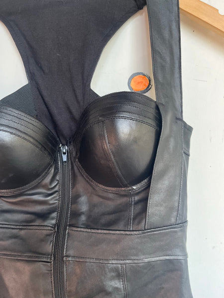 Y2K Black Zip Front Corset Top Post Apocalyptic Goth Vegan Leather Tank S