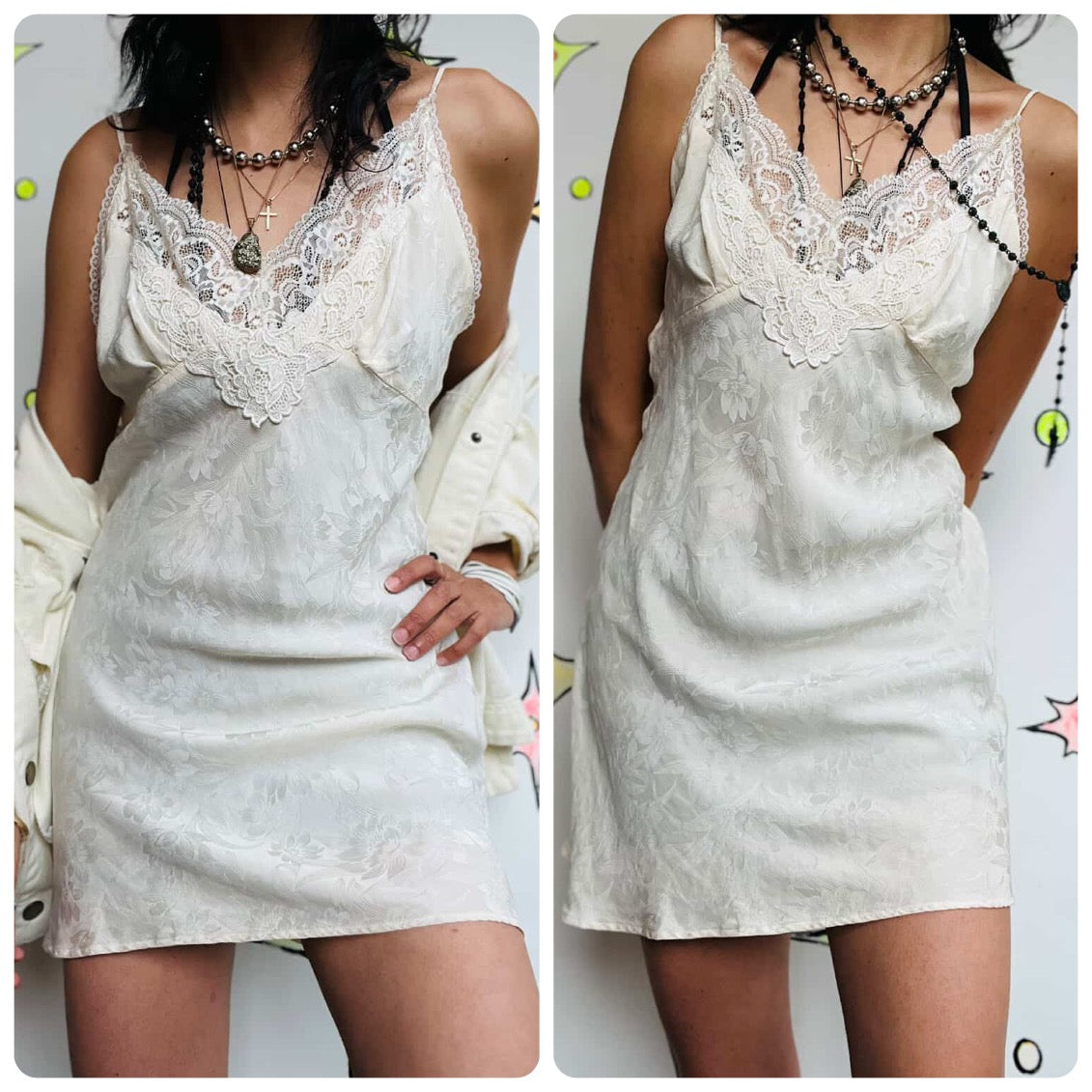 Vintage Off White Silk Lace Slip Dress – Boho Fairy Babydoll – Coquette Rococo