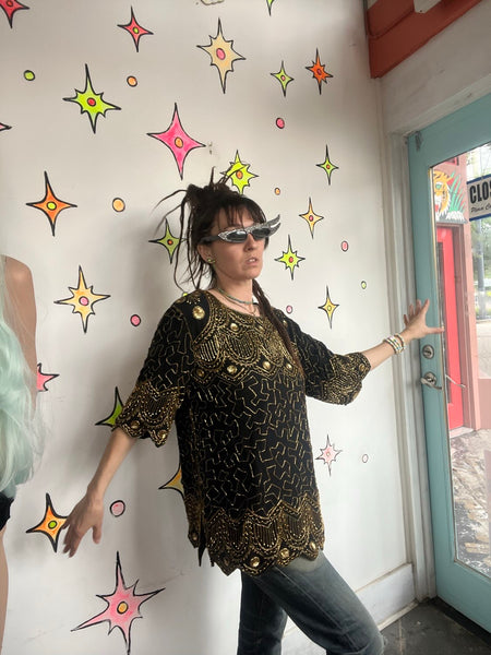 Vintage Black and Gold 80s Silk Beaded Top Glam Party Disco Sequins L/XL